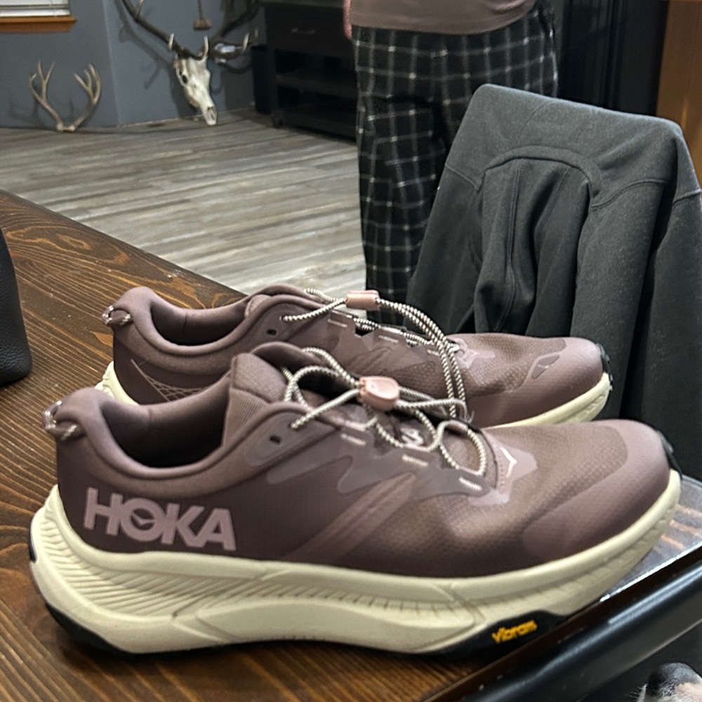 Hoka Mauve and Cream Trail Shoes